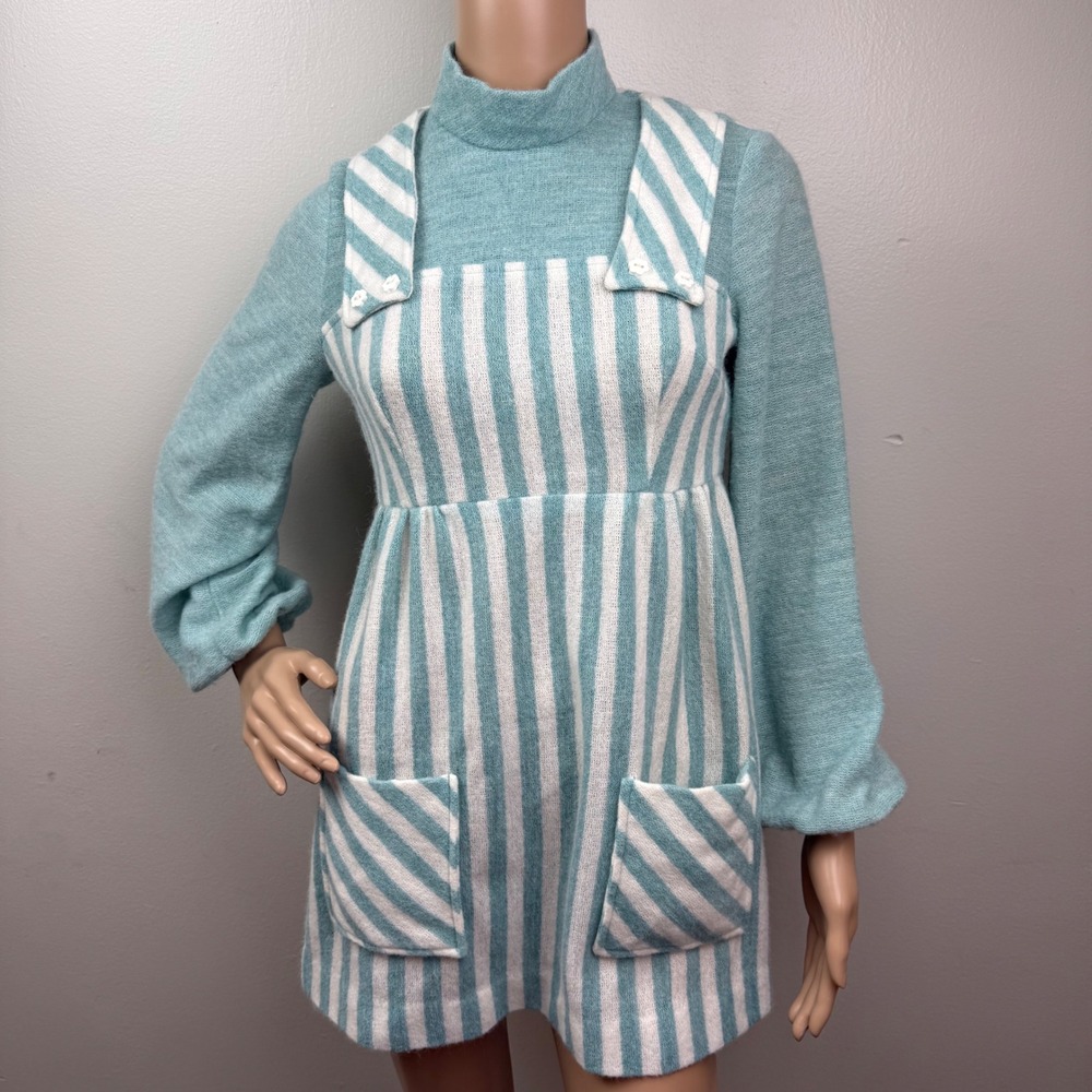 1970s Jerell of Texas Knit‎ Mini Dress/Tunic –Teal/White Stripes, Estimated XS–S